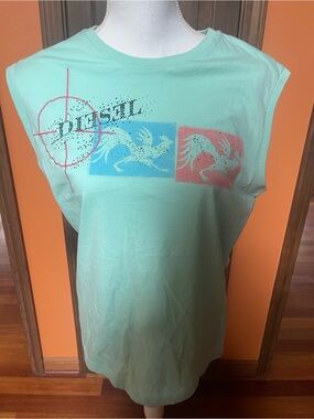 Diesel Vintage Mint Green Tee with Blue and Coral Graphics